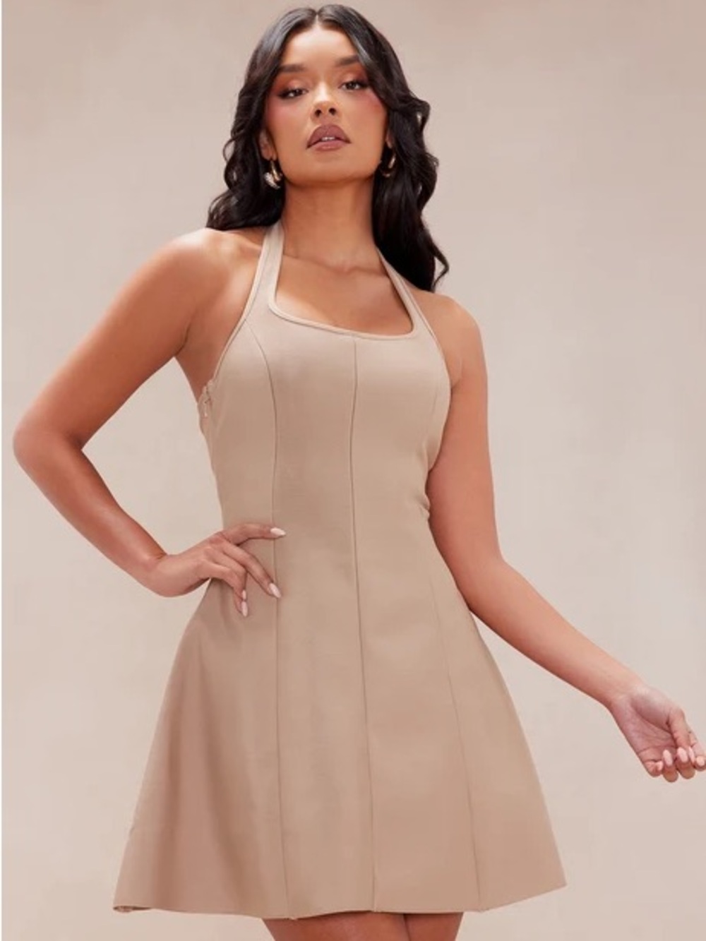 Fashion Nova Brooke Bandage A Line Beige Halter Mini Dress